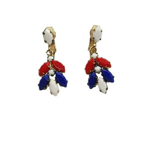 Red White Blue Patriotic Rhinestone Gold Tone Dangle Earrings